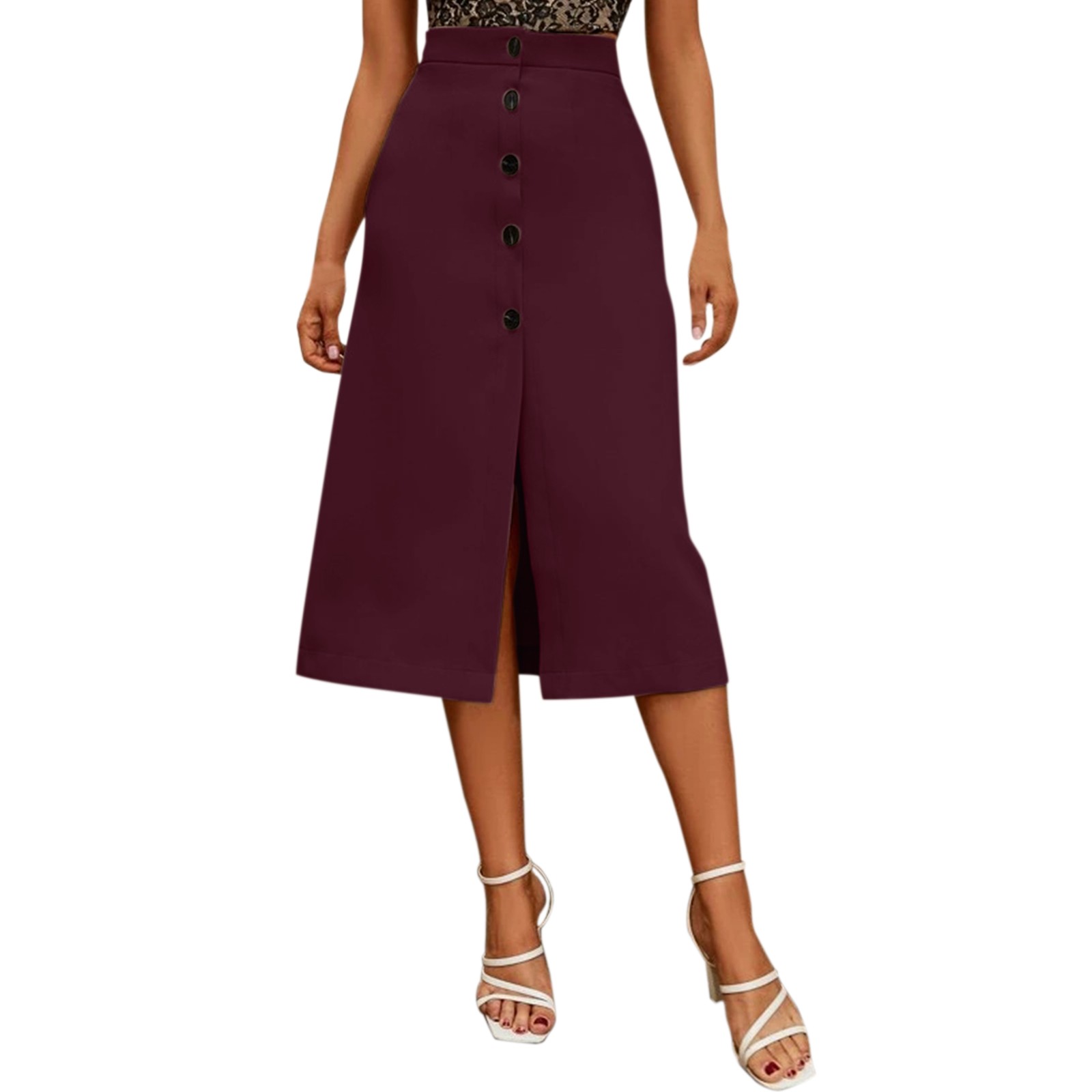Falda midi elegante de color liso y cintura alta para mujer: corte recto, sin elástico, poliéster, adecuada para la oficina o para llevar de forma informal
